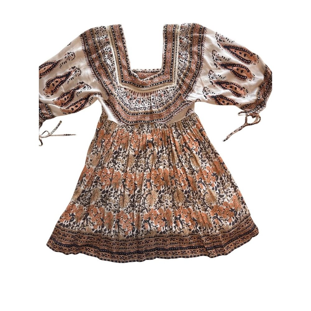 Free People XS Boho Floral Paisley Peasant Mini Dress Tunic Festival Cottagecore